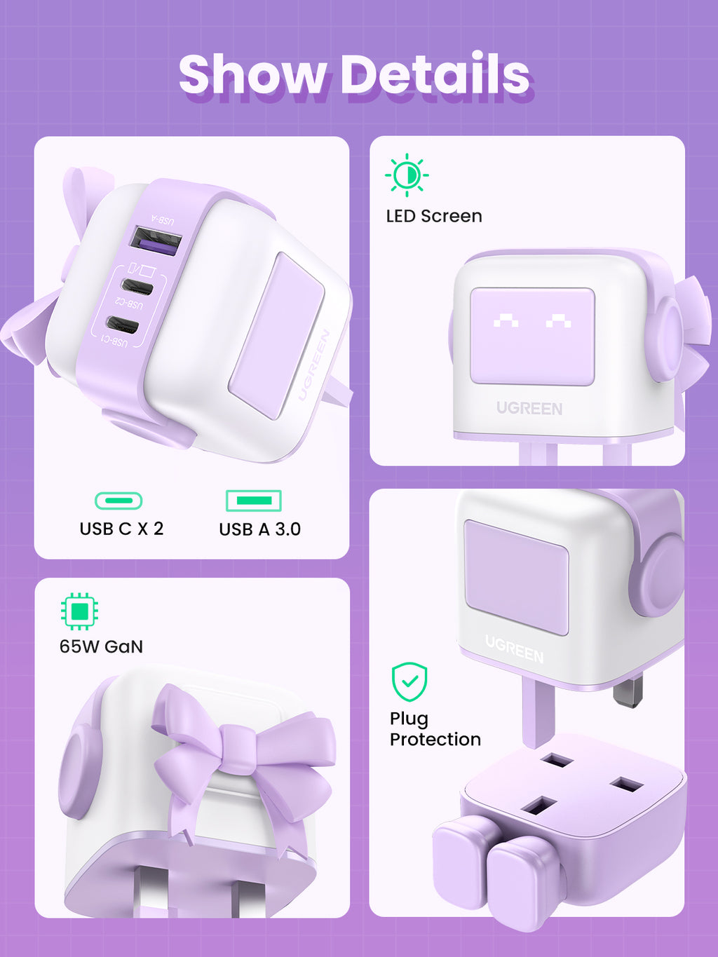 UGREEN Nexode RG 65W 3-Port GaN Fast Charger UK Plug - Purple