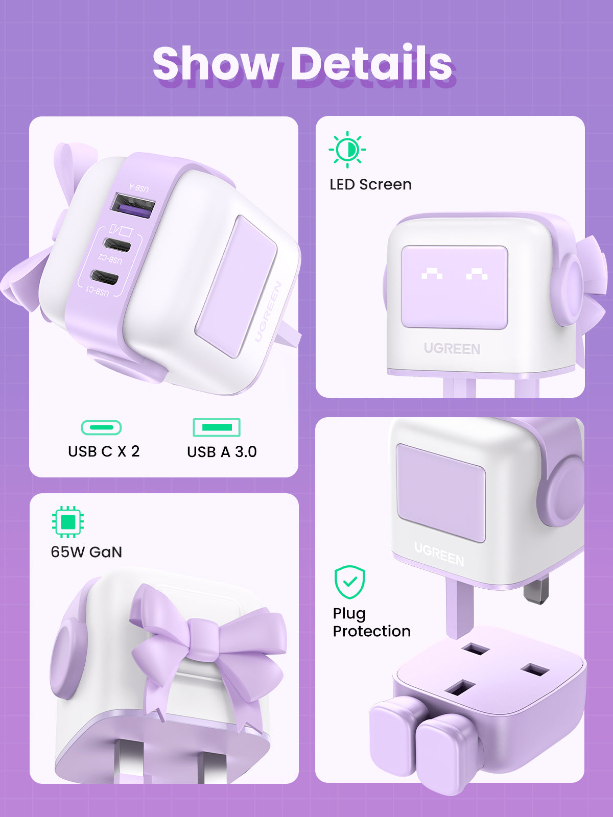 UGREEN Nexode RG 65W 3-Port GaN Fast Charger UK Plug - Purple