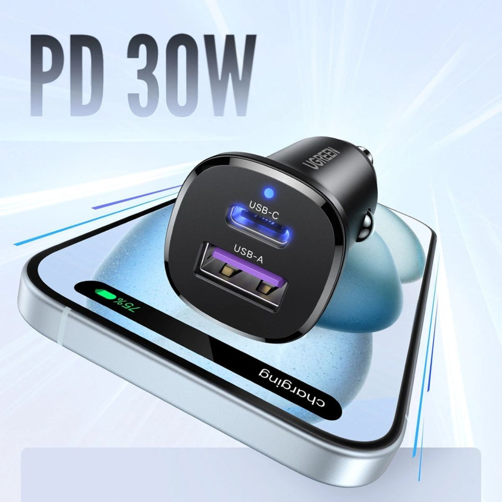 UGREEN 30W 2-Port Fast Car Charger - Space Gray