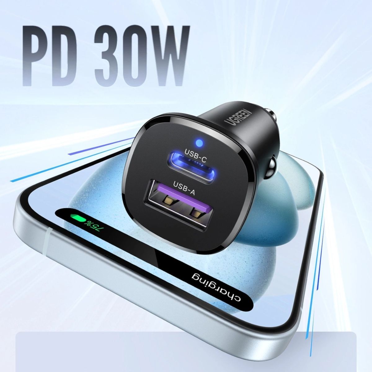 UGREEN 30W 2-Port Fast Car Charger - Space Gray