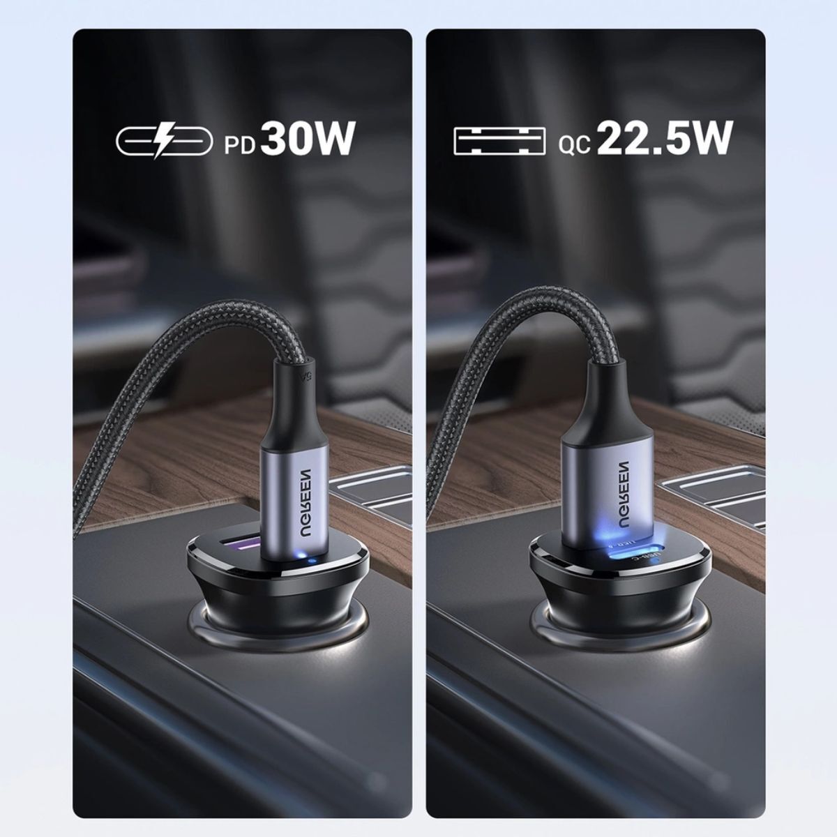 UGREEN 30W 2-Port Fast Car Charger - Space Gray