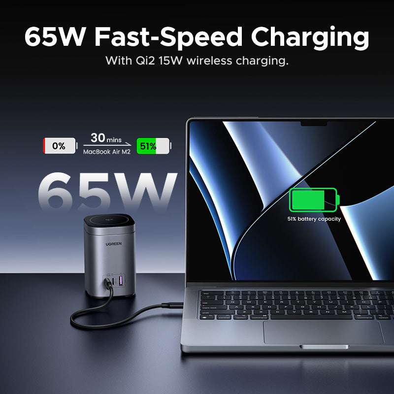 UGREEN 65W 2-in-1 GaN Desktop Fast Charger UK Plug - Space Gray