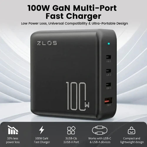 ZLOS 100W 4-Port USB-C GaN Charger with Cable & Charging Stand
