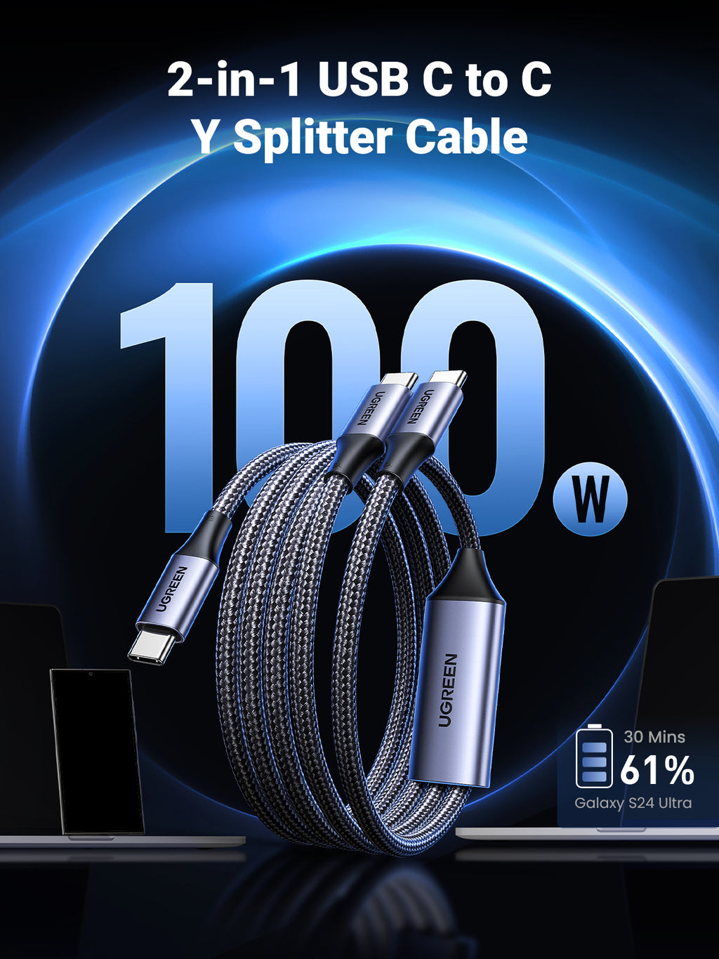 UGREEN 2-in-1 Universal PD Fast Charging Cable - 100W - Black
