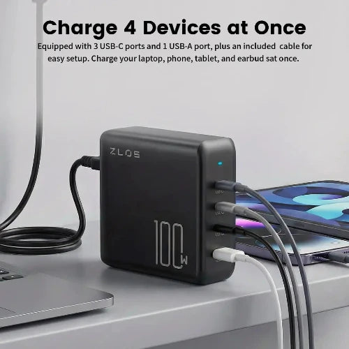 ZLOS 100W 4-Port USB-C GaN Charger with Cable & Charging Stand