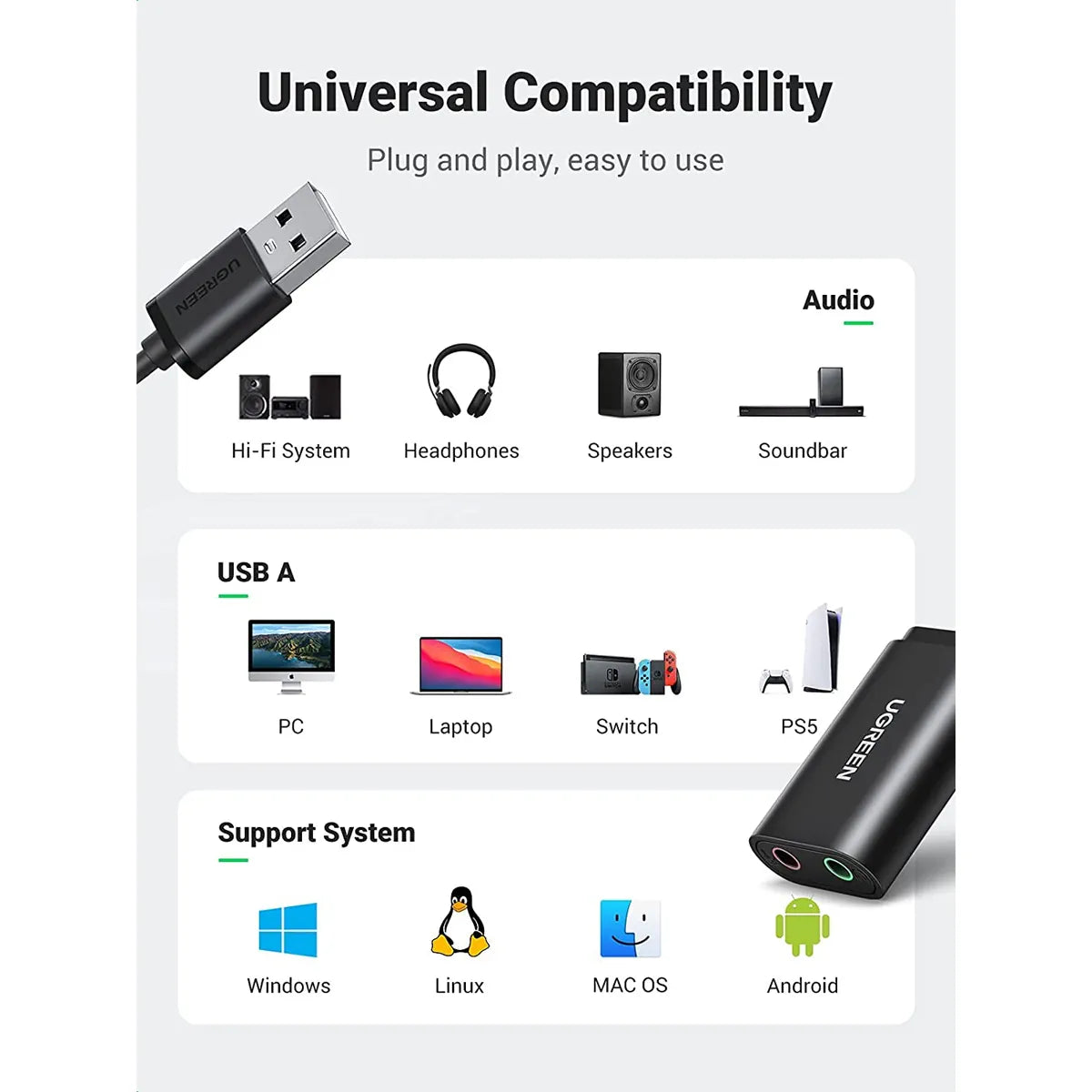UGREEN USB 2.0 External Sound Adapter - Black