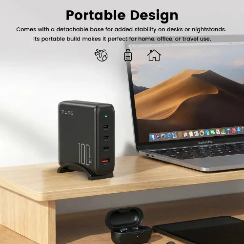 ZLOS 100W 4-Port USB-C GaN Charger with Cable & Charging Stand