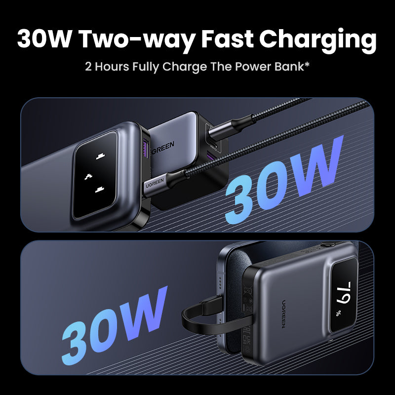 UGREEN 10000mAh Power Bank with Built-in Cable 15W - Black