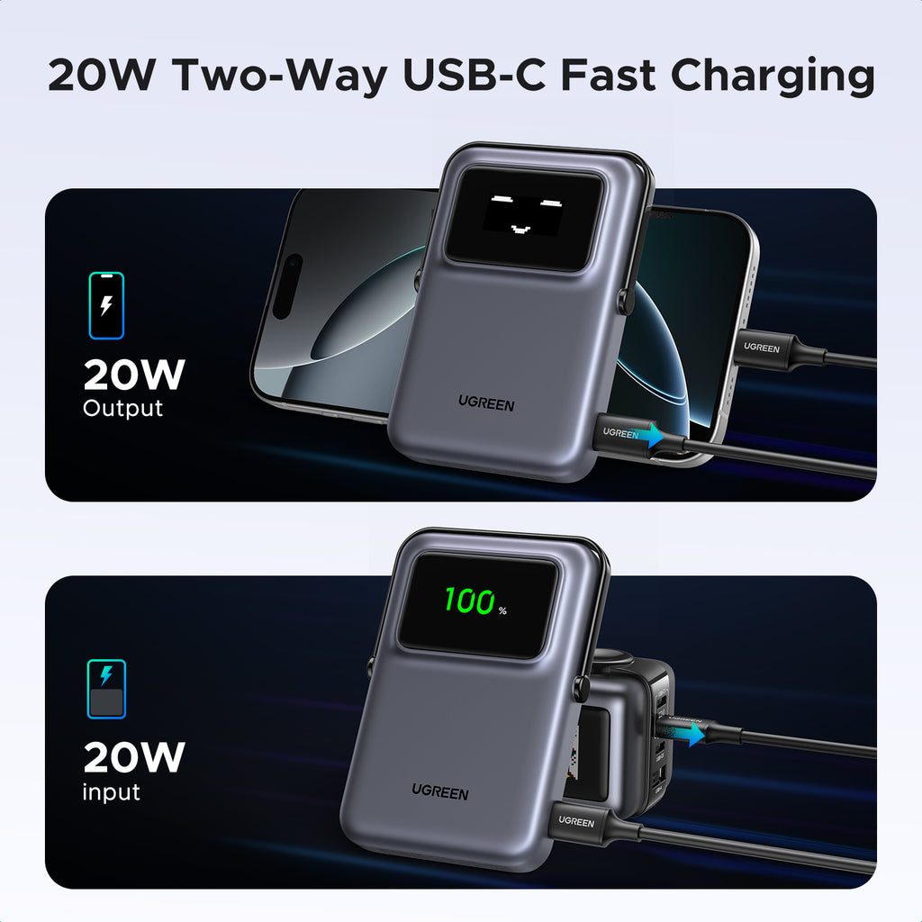 باور بانك لاسلكي مغناطيسي UGREEN Uno بسعة 10000 مللي أمبير بقوة 15 واط وشحن 20 واط - أسود