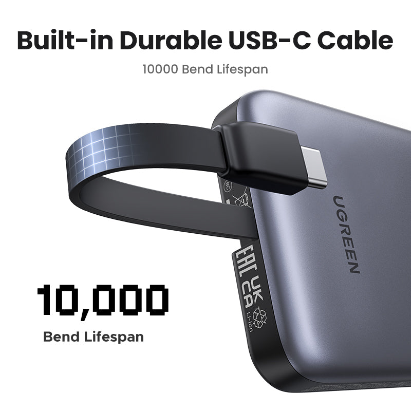 UGREEN 10000mAh Power Bank with Built-in Cable 15W - Black