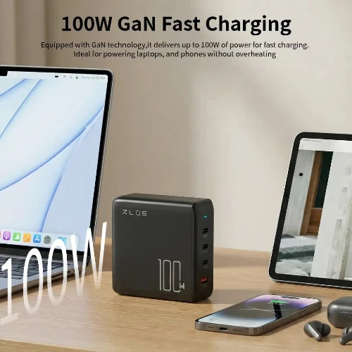 ZLOS 100W 4-Port USB-C GaN Charger with Cable & Charging Stand