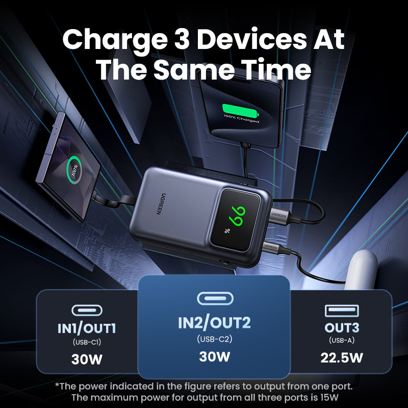 UGREEN 10000mAh Power Bank with Built-in Cable 15W - Black