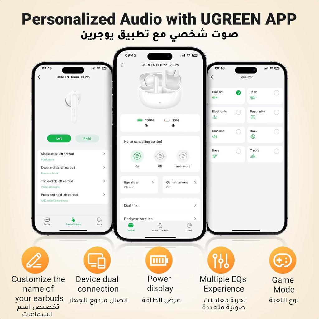 UGREEN HiTune T3 Pro Active Noise Cancellation Earbuds - White