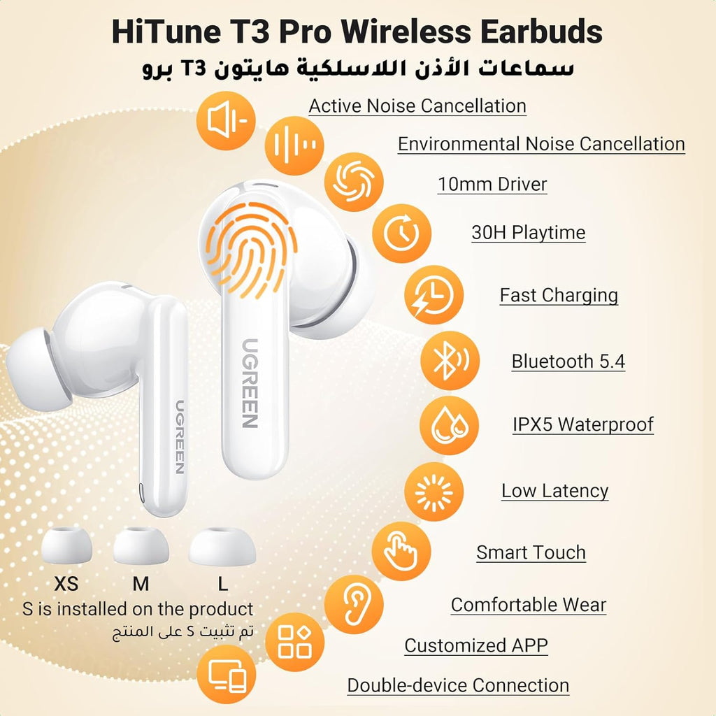UGREEN HiTune T3 Pro Active Noise Cancellation Earbuds - White