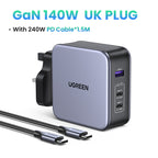 شاحن سريع UGREEN GaN بقوة 140 واط مع كابل USB-C - أسود