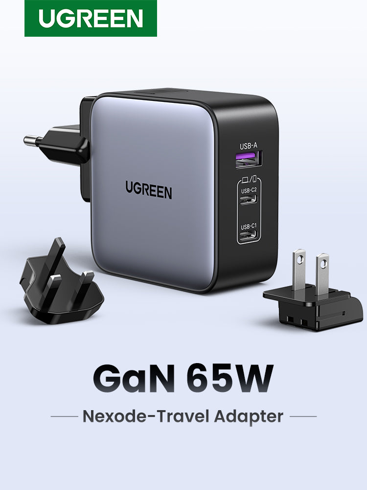 شاحن سريع UGREEN GaN بقوة 65 واط و3 منافذ - رمادي