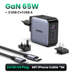 شاحن سريع UGREEN GaN بقوة 65 واط و3 منافذ - رمادي