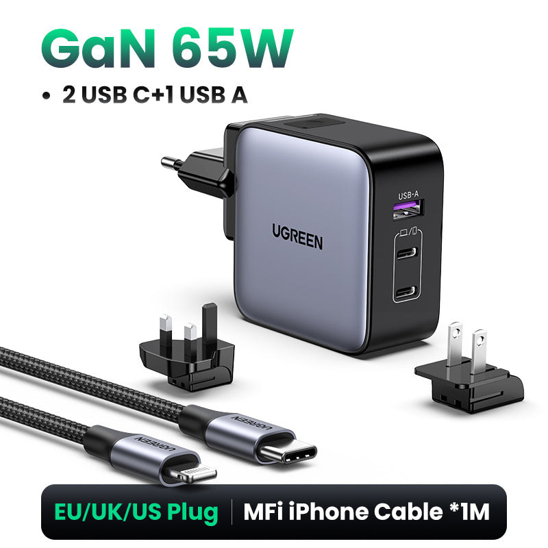 UGREEN GaN 65W Fast Charger 3-Port - Gray