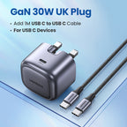 شاحن سريع UGREEN Nexode 30W USB-C PD GaN قابل للطي للمملكة المتحدة - أسود