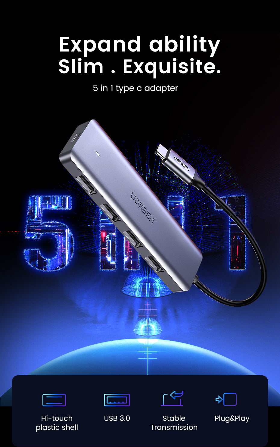 UGREEN 4-Port USB3.0 Hub with USB-C Power Supply