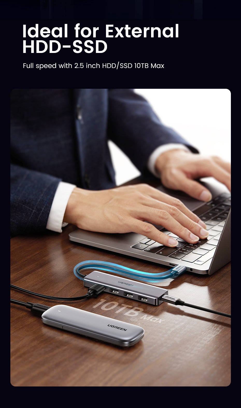 موزع UGREEN USB3.0 بأربع منافذ مع منفذ طاقة USB-C