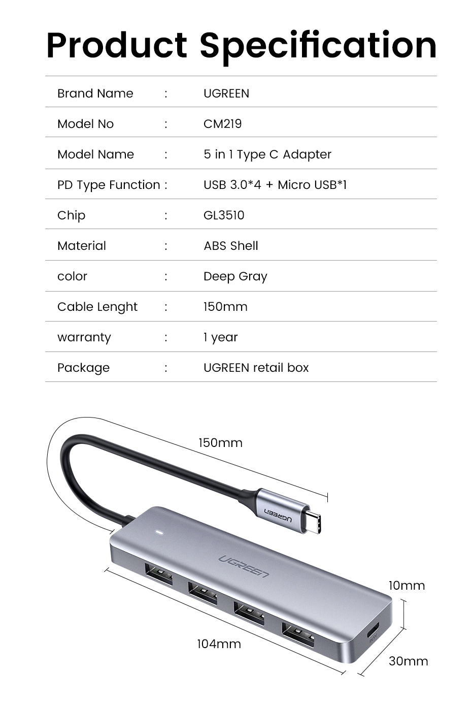 UGREEN 4-Port USB3.0 Hub with USB-C Power Supply