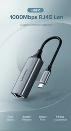 محول إيثرنت UGREEN USB نوع C إلى 10/100/1000 ميجابت في الثانية - رمادي فلكي