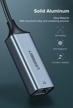 محول إيثرنت UGREEN USB نوع C إلى 10/100/1000 ميجابت في الثانية - رمادي فلكي