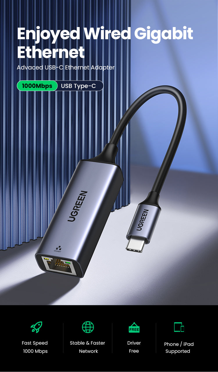 محول إيثرنت UGREEN USB نوع C إلى 10/100/1000 ميجابت في الثانية - رمادي فلكي