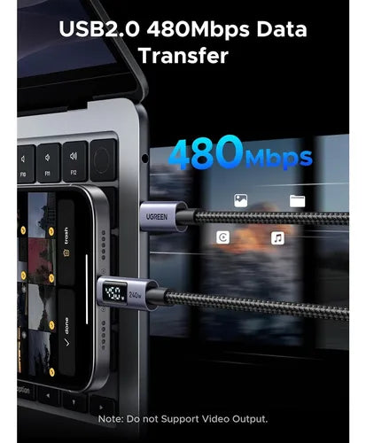 كابل شحن سريع USB-C إلى USB-C من يوجرين، يدعم الشحن بقوة 240 واط - بطول 2 متر - لون أسود