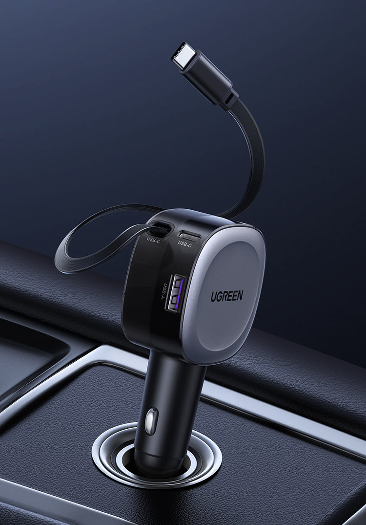 UGREEN 75W Fast Car Charger with Retractable Cable Type C - Space Gray