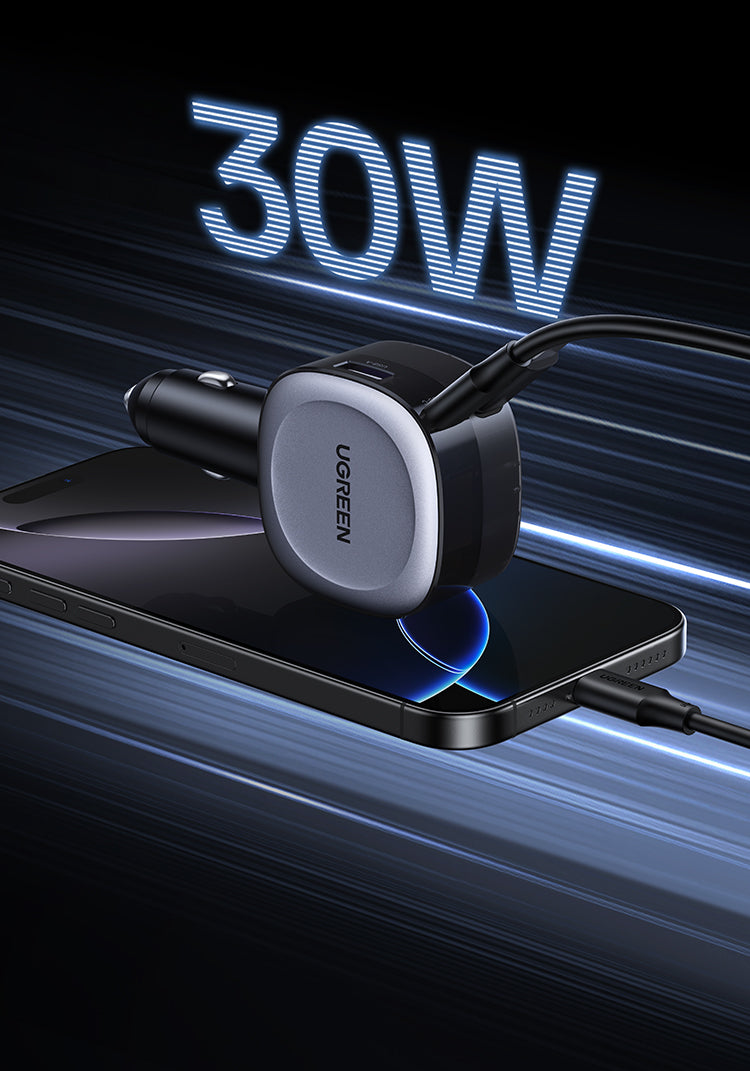 UGREEN 75W Fast Car Charger with Retractable Cable Type C - Space Gray