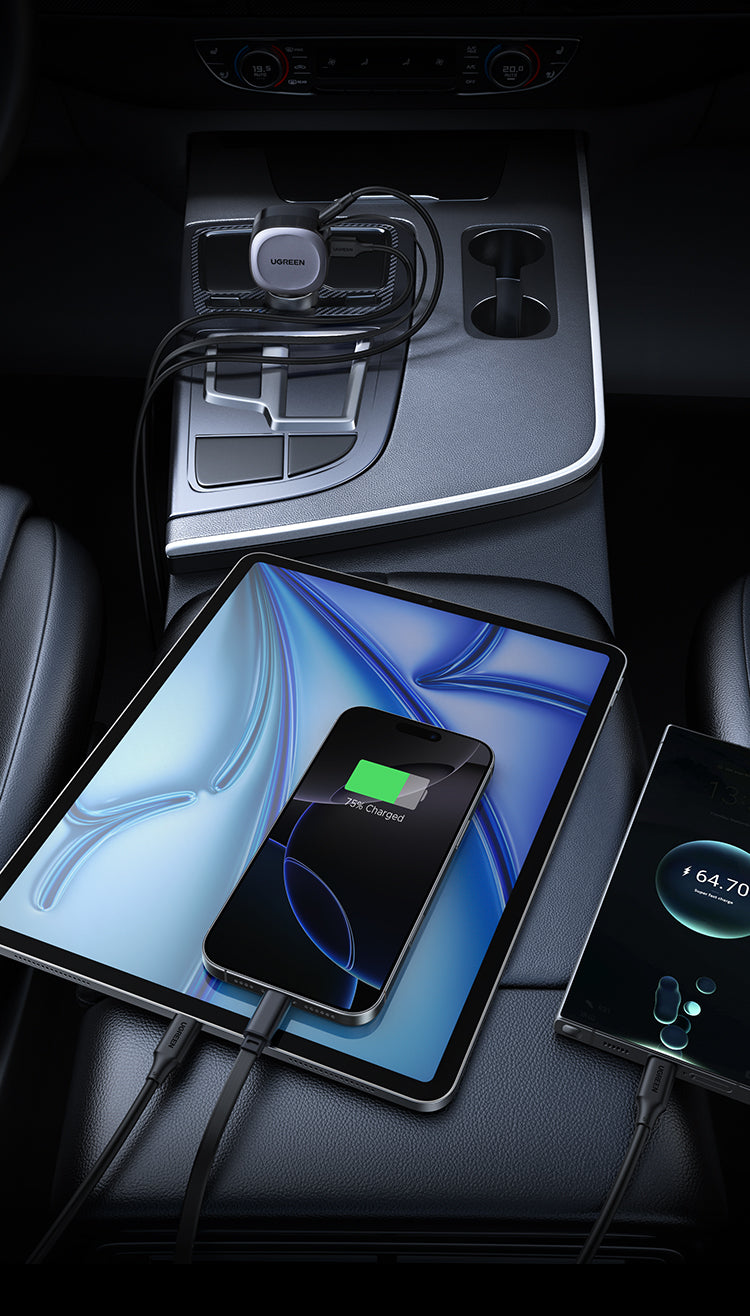 UGREEN 75W Fast Car Charger with Retractable Cable Type C - Space Gray