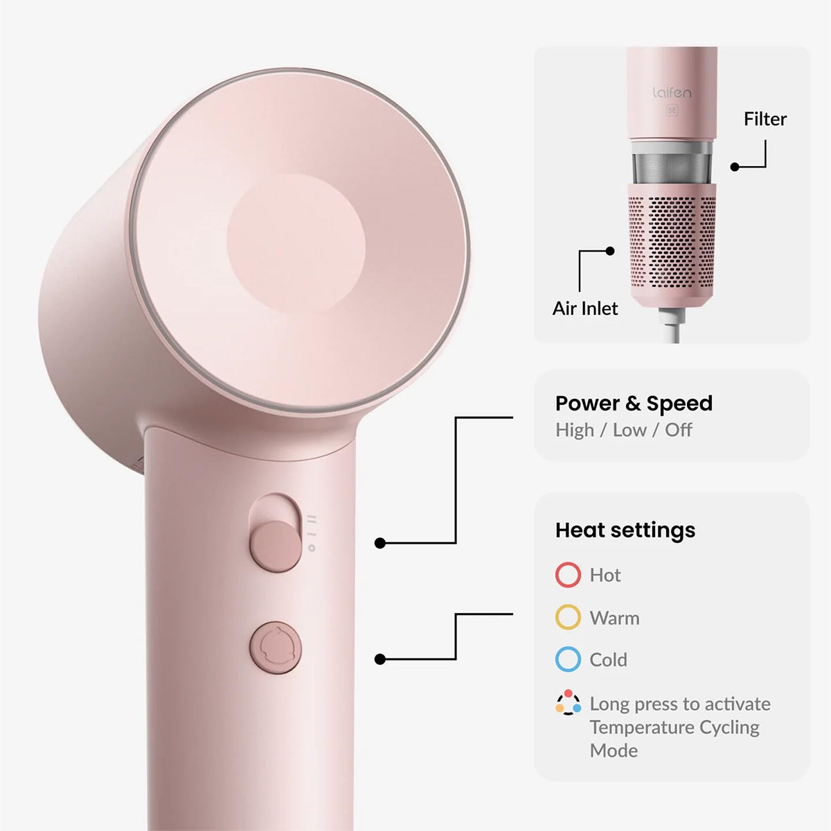 Laifen SE Lite High-Speed Hair Dryer – Light Glossy Pink (UK Edition)