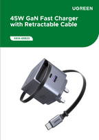 UGREEN 45W GaN Fast Charger with Retractable Cable 2-port - Space Gray