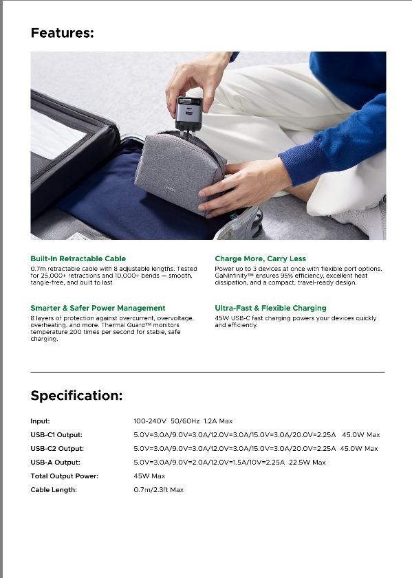UGREEN 45W GaN Fast Charger with Retractable Cable 2-port - Space Gray