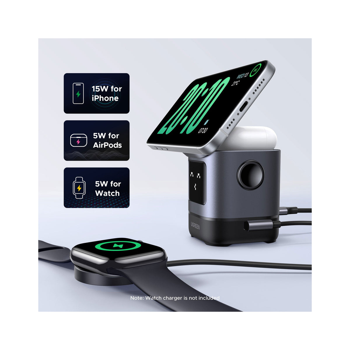 UGREEN Uno  2-in-1 Magnetic Wireless Charger 20W - Space Gray