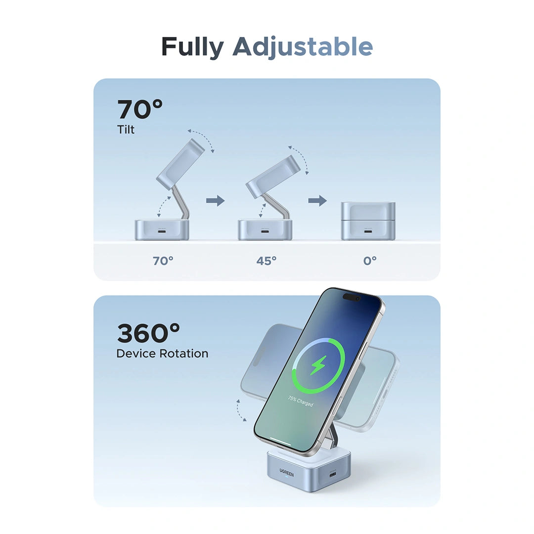 UGREEN 2-in-1 Magnetic Wireless Charger Qi2 25W - Sky Blue