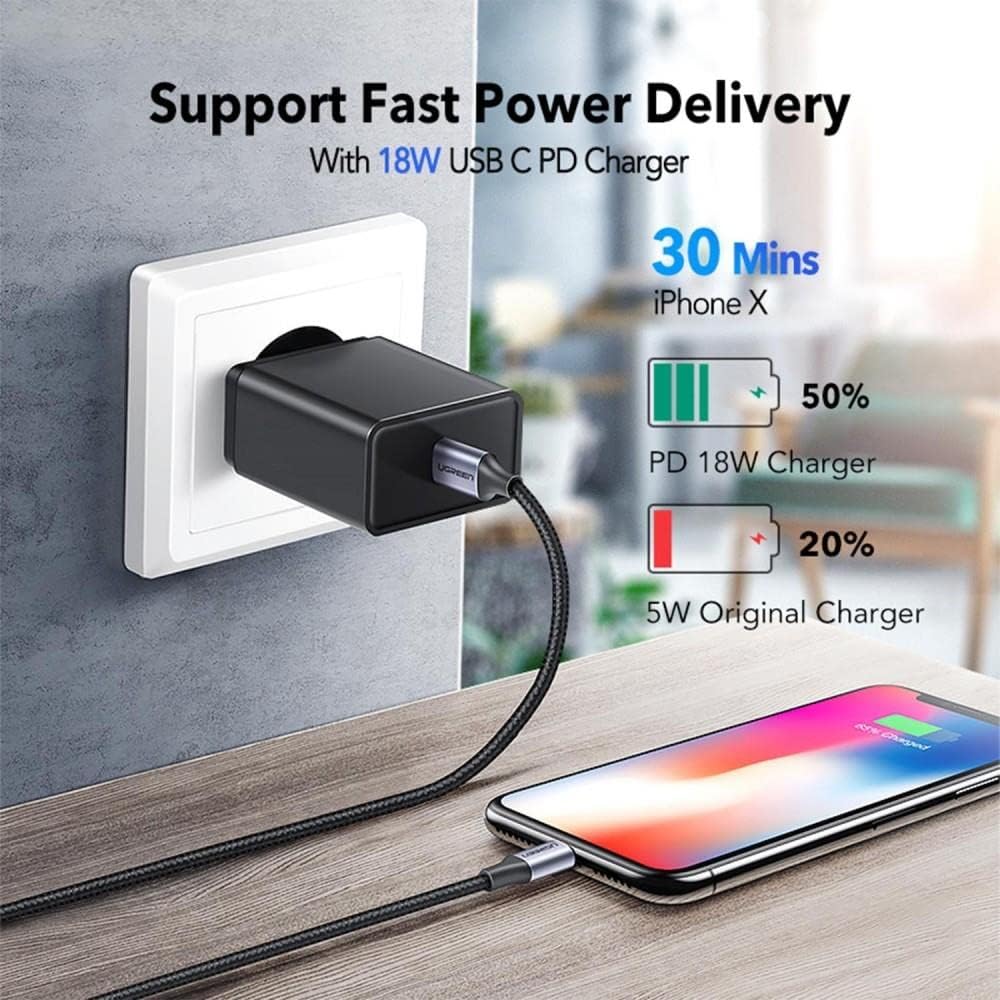 كيبل UGREEN USB-C إلى لايتنينج 20 واط، مضفر بغلاف من الألومنيوم، 1 متر - فضي