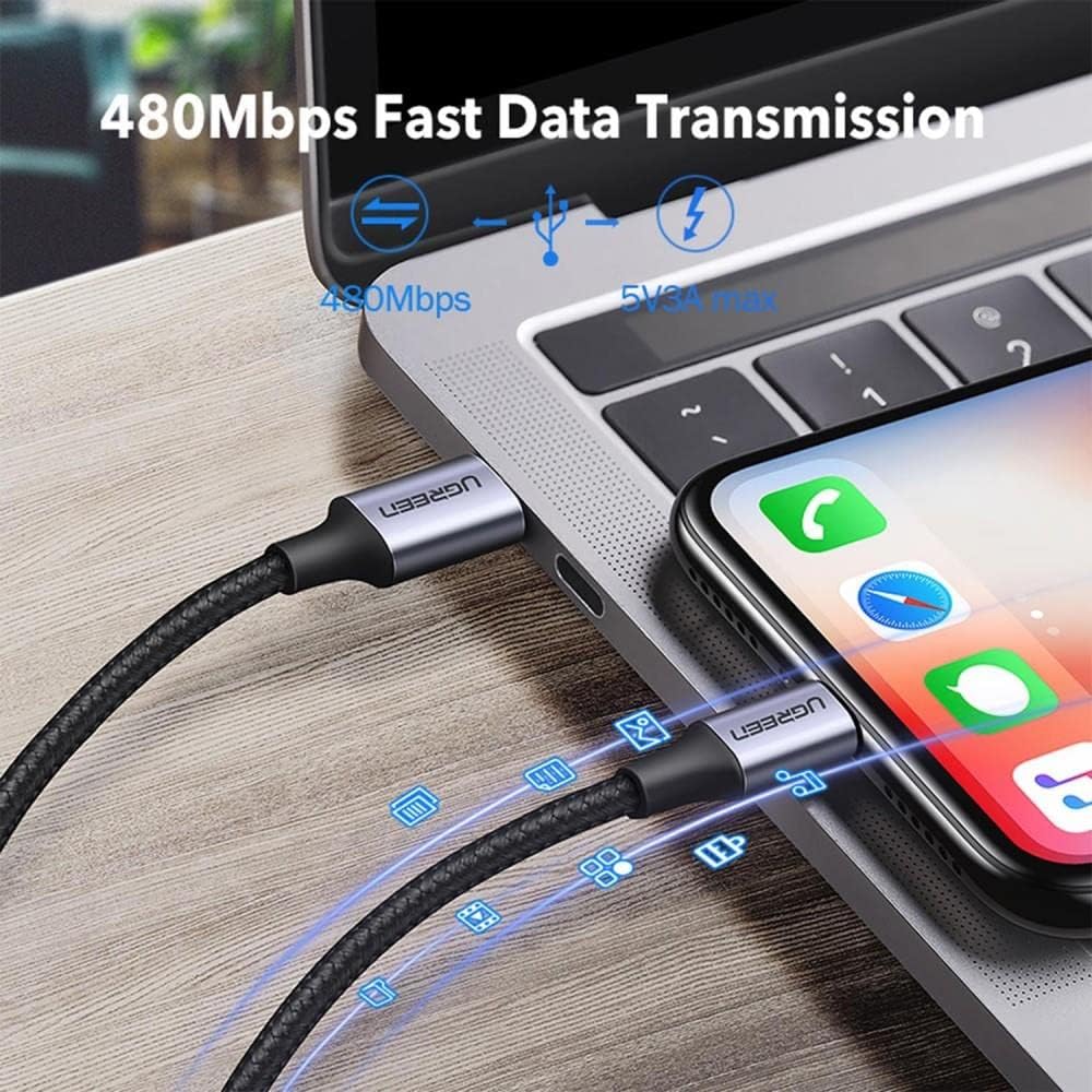 كيبل UGREEN USB-C إلى لايتنينج 20 واط، مضفر بغلاف من الألومنيوم، 1 متر - فضي