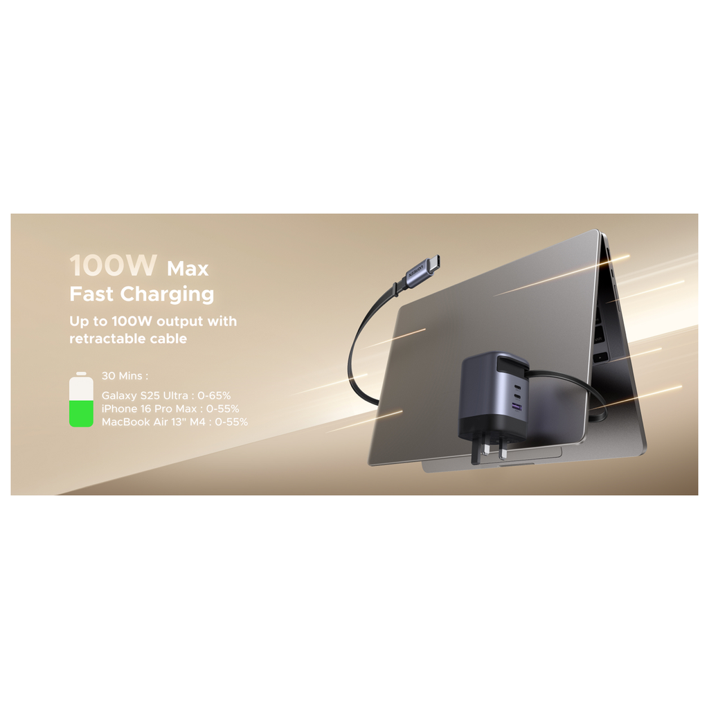 UGREEN 100W GaN Fast Charger with Retractable Cable USB-C 3-port - Space Gray