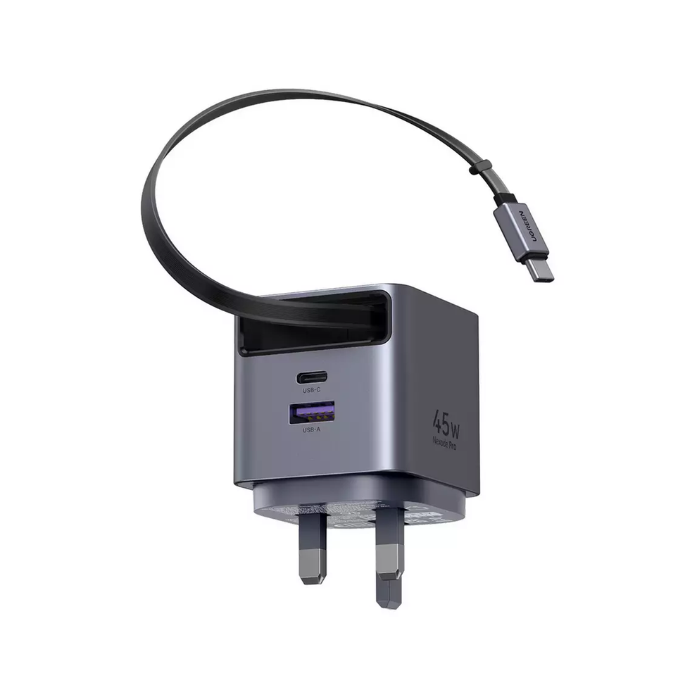 UGREEN 45W GaN Fast Charger with Retractable Cable 2-port - Space Gray