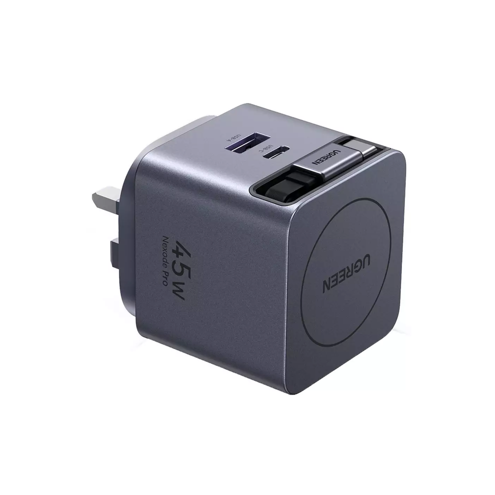 UGREEN 65W GaN Fast Charger with Retractable Cable USB-C 2-port - Space Gray