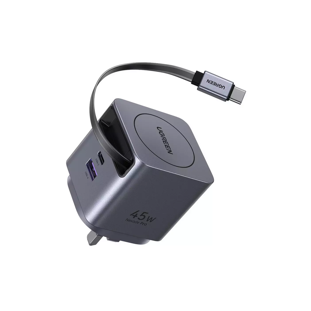 UGREEN 65W GaN Fast Charger with Retractable Cable USB-C 2-port - Space Gray