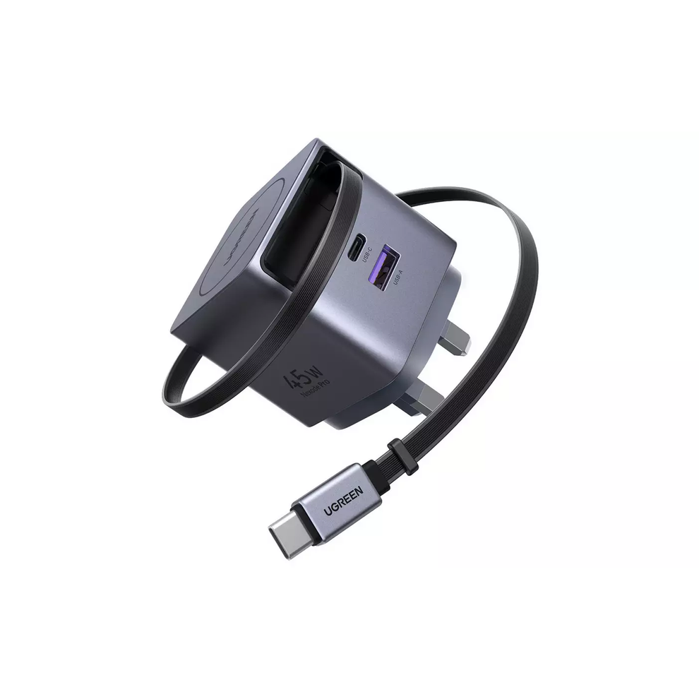 UGREEN 65W GaN Fast Charger with Retractable Cable USB-C 2-port - Space Gray