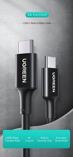 كابل شحن UGREEN USB-C إلى USB-C بقوة 100 واط - 2 متر - أسود