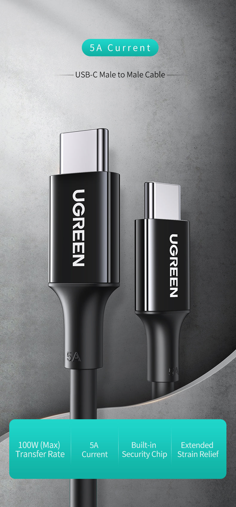 كابل شحن UGREEN USB-C إلى USB-C بقوة 100 واط - 2 متر - أسود