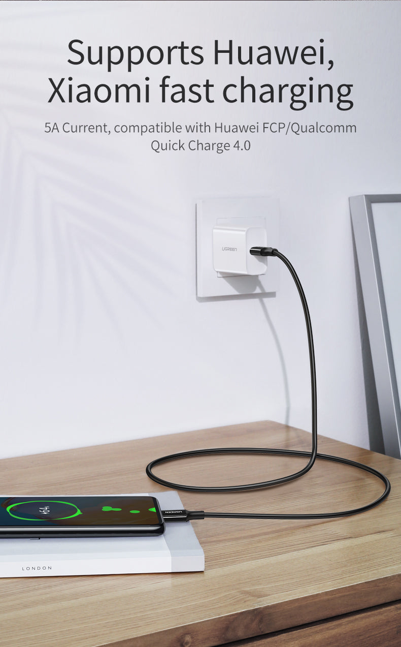 كابل شحن UGREEN USB-C إلى USB-C بقوة 100 واط - 2 متر - أسود