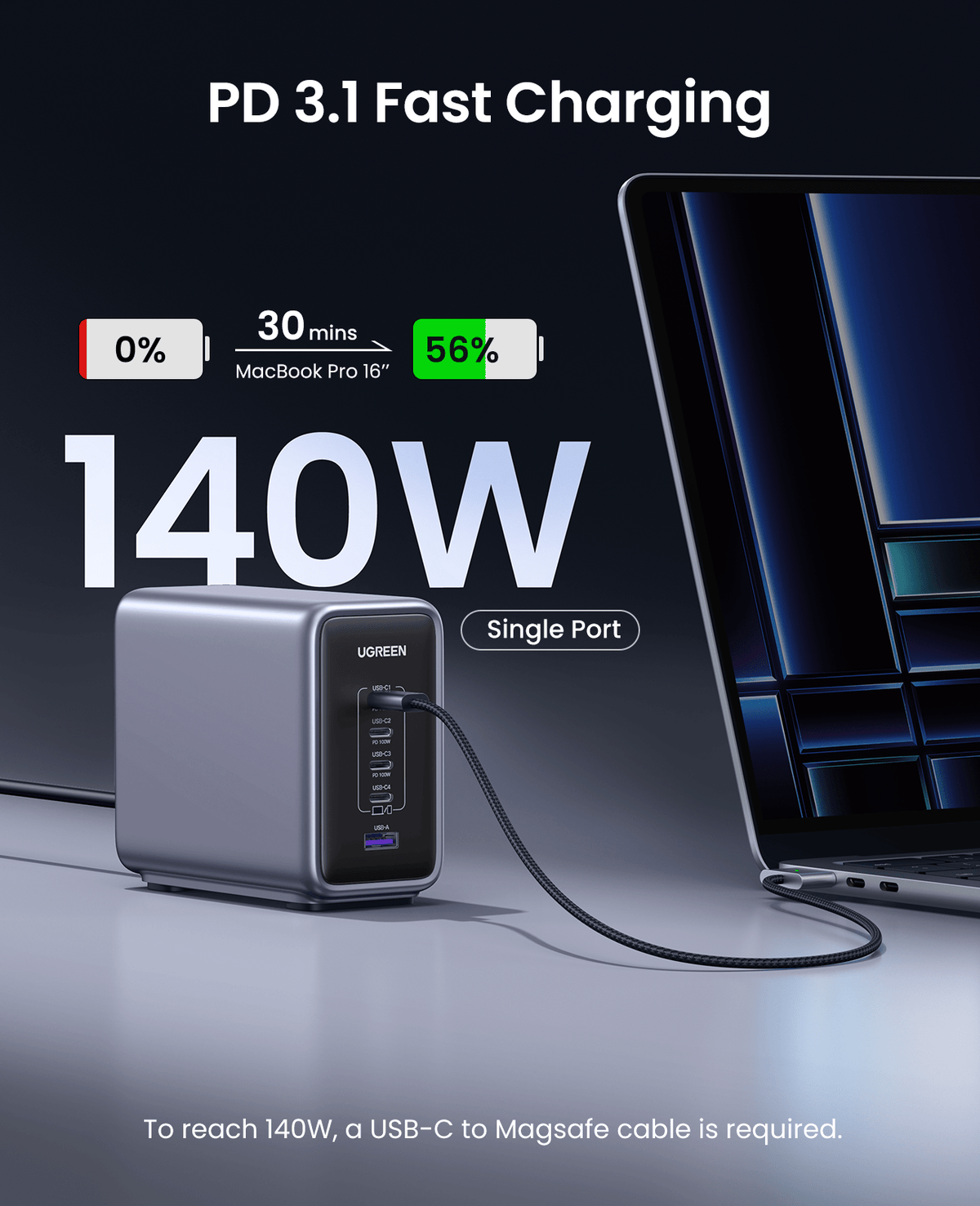UGREEN Nexode 300W 5-Port PD GaN Fast Charger UK Plug -Gray