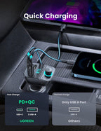 شاحن سيارة بلوتوث من يوجرين بـ3 منافذ (5.0+PD+QC3.0+محرك أقراص فلاش USB+TF) - أسود